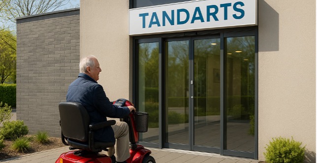 Scootmobiel gebruiker arriveert drempelvrij bij tandartspraktijk voor stressvrij mondzorgbezoek.