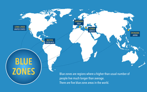 kaart Blue Zones in de wereld