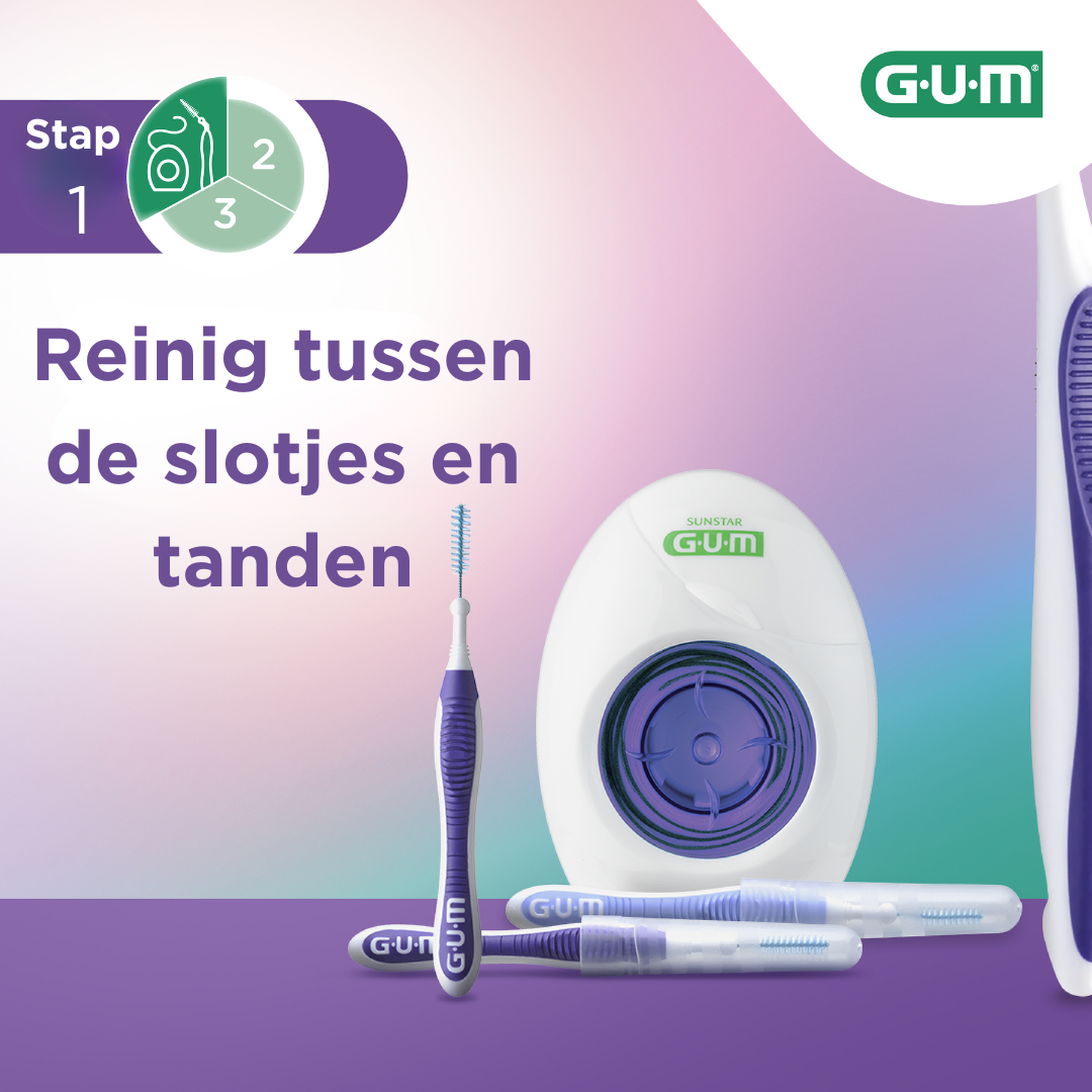 Gum Ortho stap 1 reinigen tussen de tanden met Gum lagers