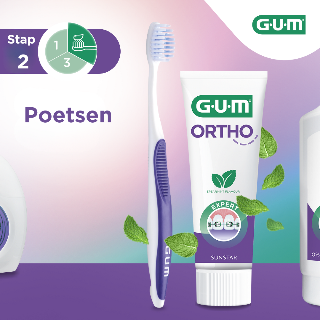 GUM Otho stap 2 tanden reinigen met GUM Ortho tandpasta