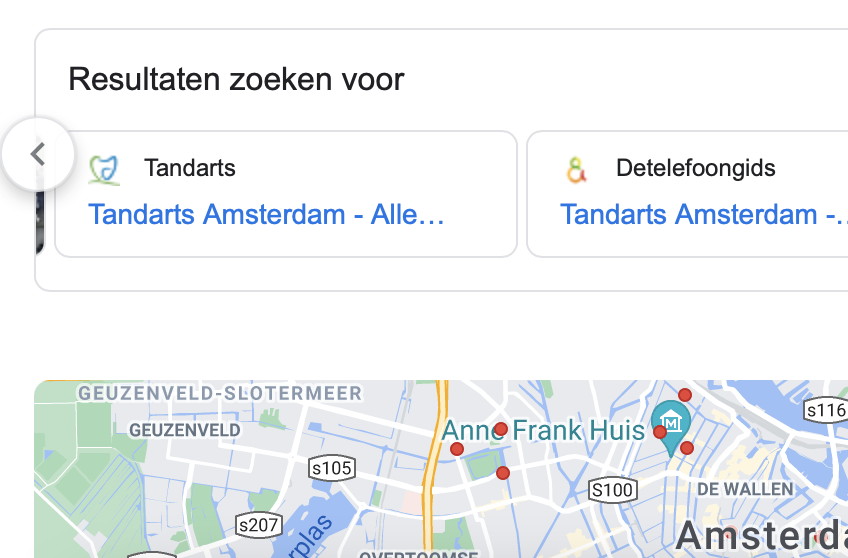 Tandarts zoeken in Google search op plaats