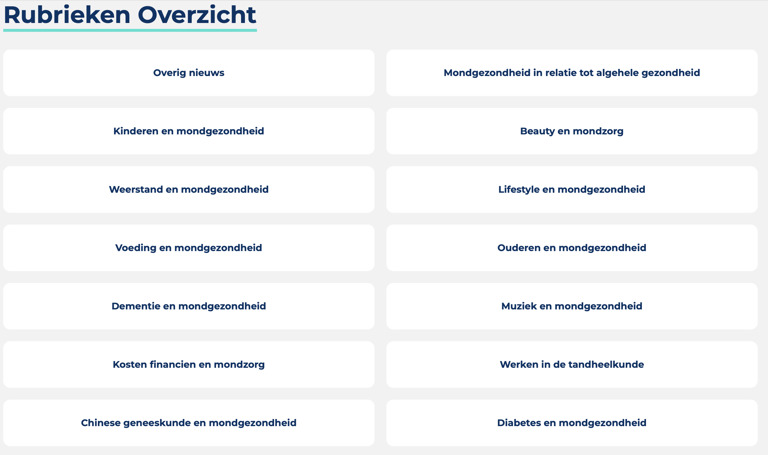 Overzicht van een greep uit de rubrieken op de lokale dentale website