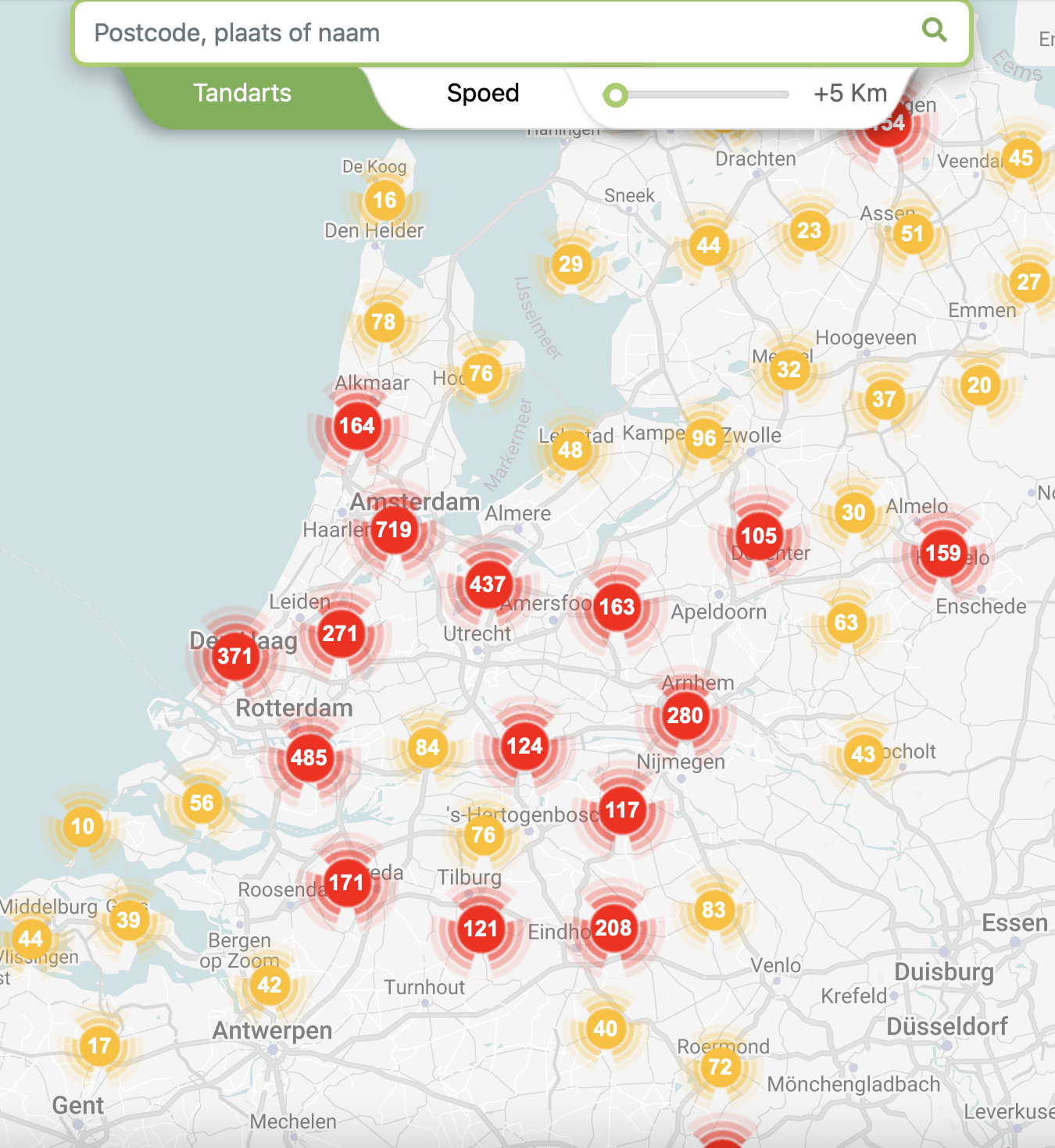 Kaart van Nederland met alle tandartspraktijken