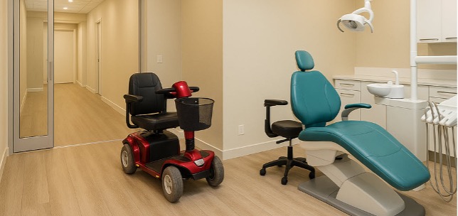 Interieur tandartspraktijk met brede doorgang en ruimte voor scootmobiel